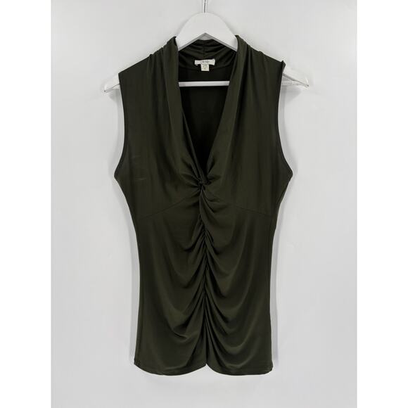 Vintage Cache Blouse Womens Large Army Green Sleeveless Ruched V Neck Stretchy - Picture 1 of 14